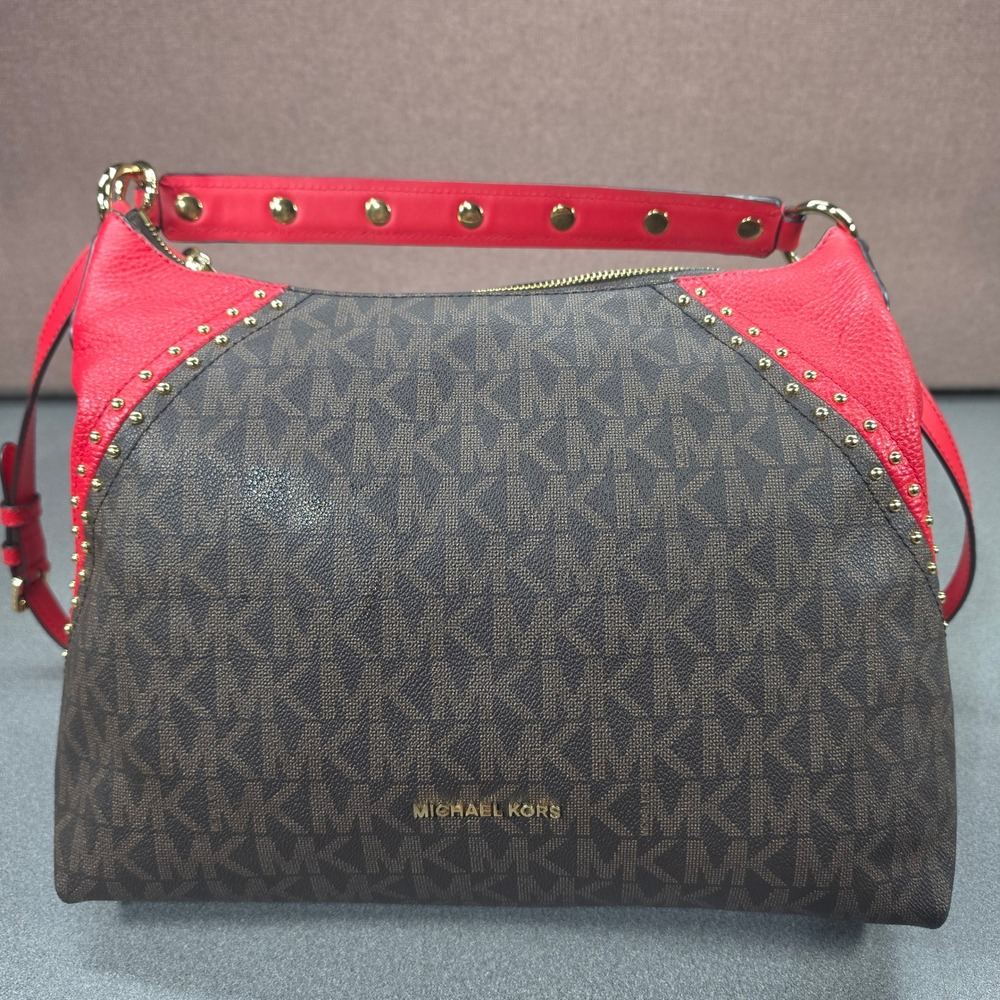 Michael Kors Aria Medium Shoulder Bag Purse Brown Red Excellent Monogram Studded